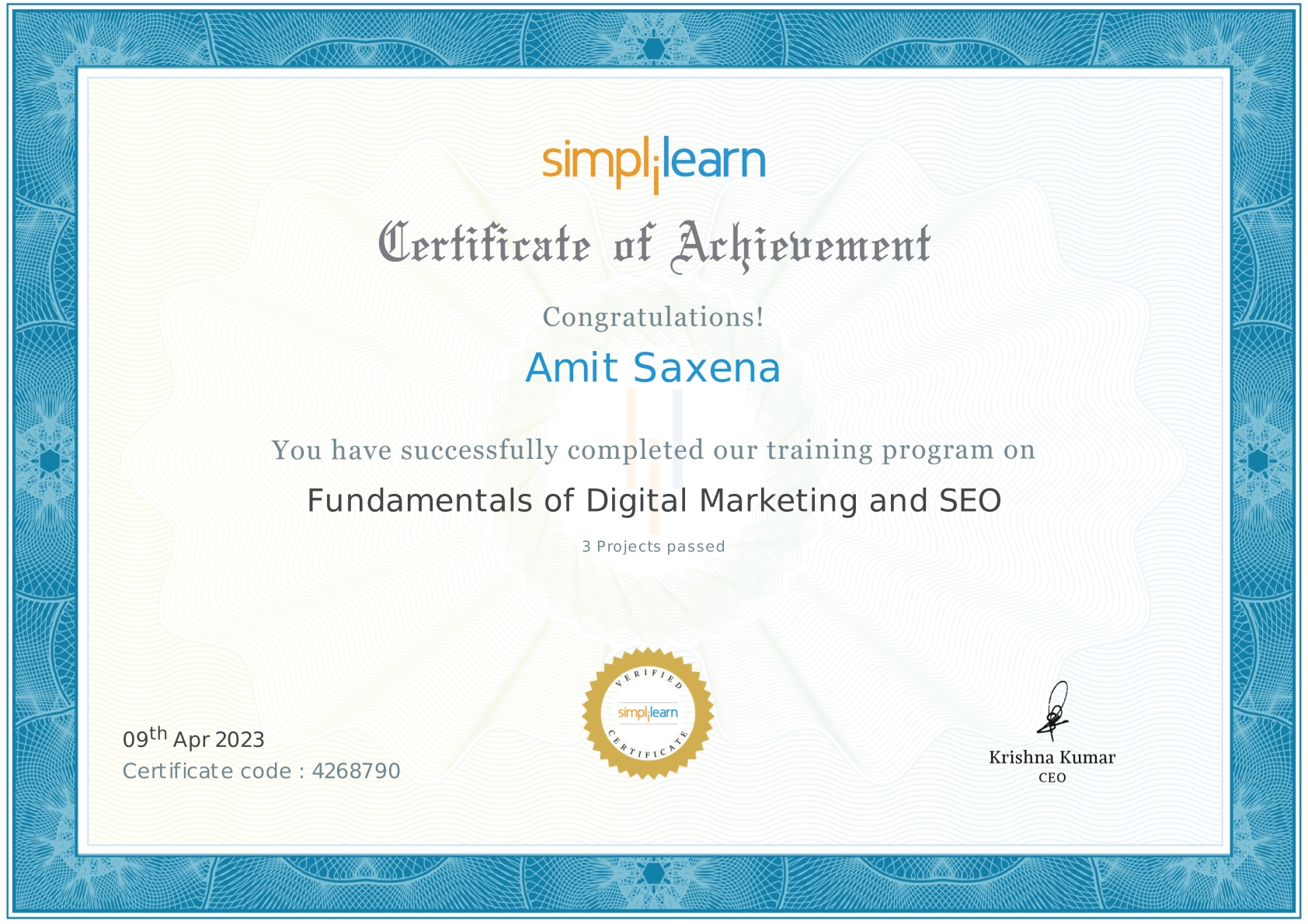 Certificate - Fundamental of Digital Marketing & SEO