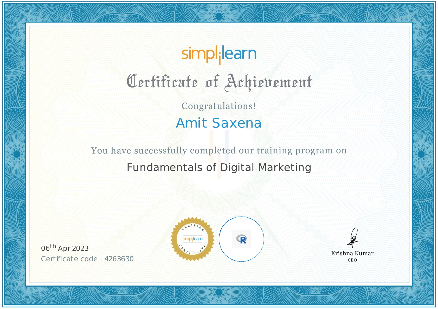 Certificate - Fundamental of Digital Marketing