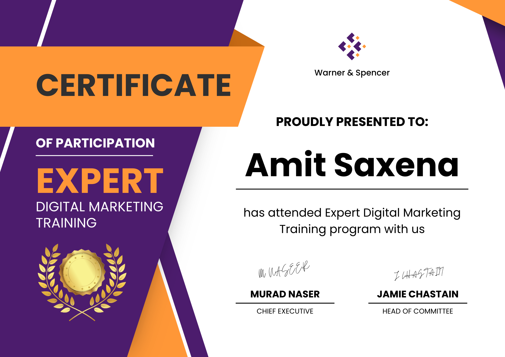 Yellow and Purple Modern Corporate Training Certificate